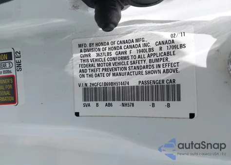 2011 Honda Civic Lx из США, поврежденный, VIN 2HGFG1B69BH514474